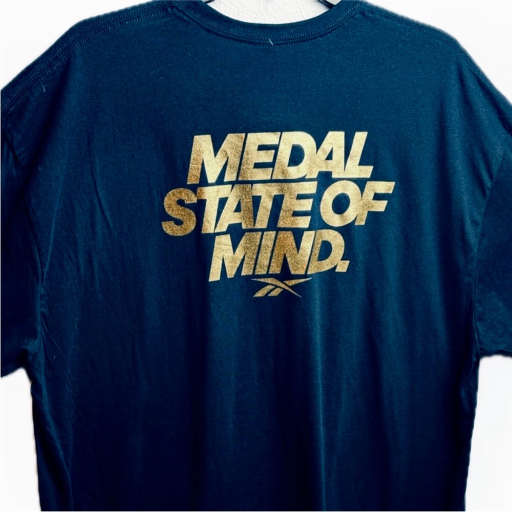 NWT Reebok Navy Blue Tee Metallic Gold Graphic 100% Cotton Medal State of Mind